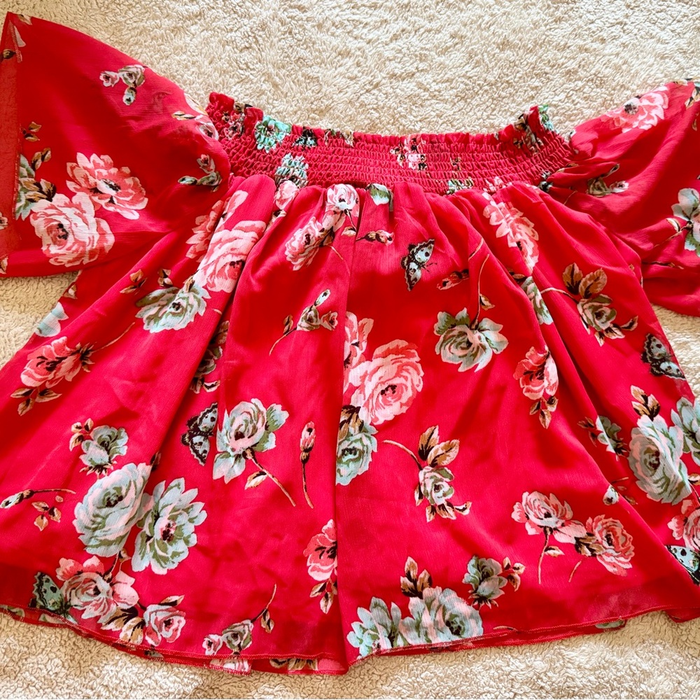 Love, Fire Red Floral Off-Shoulder Top
